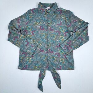 boemo Womens Small Paisley Print Tie Front Collared Button Up Green/Blue Shirt